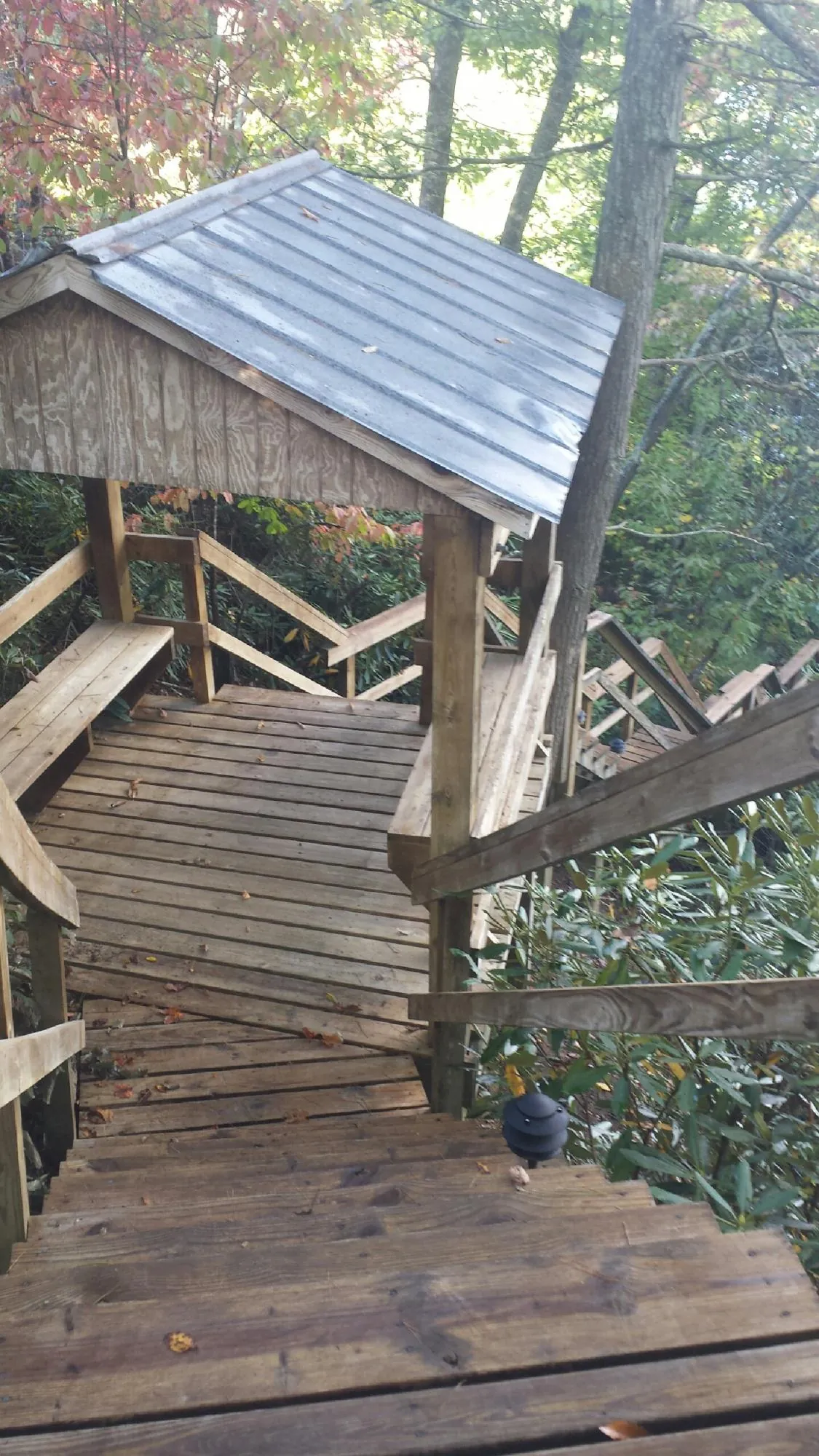 Metal roofed shelter over wooden steps on a wooded walkway — Skylight Repair & Installation work by our crew in French Camp